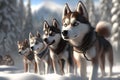 Siberian husky dogs in winter forest, 3d render