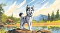 Siberian Husky Puppy: Comic Art Inspired Nostalgic Children\'s Book Illustration Royalty Free Stock Photo