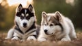 siberian husky puppy Puppy and adult malamute dogs against white.