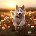 Siberian Husky puppy running through a field of wildflowers in the golden hour by AI generated