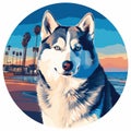 Siberian Husky At Santa Monica Beach: Bold And Colorful Graphic Design Royalty Free Stock Photo