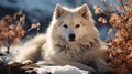 Siberian husky sitting in the nature, melting snow around and spring flowers, blooming season, sun, spring colors.