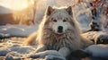 Siberian husky sitting in the nature, melting snow around and spring flowers, blooming season, sun, spring colors.