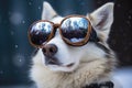 siberian husky in the snow with ski goggles