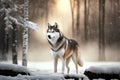 siberian husky standing in the snowy forest. 3d rendering