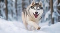 Siberian Husky in Winter Wonderland: Running Freely in a Snow-Covered Forest. Generative AI