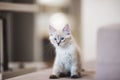 SIberian Neva Masquerade kitten with beautiful blue eyes sitting indoors. Closeup portrait of cute kitten with gray hair Royalty Free Stock Photo