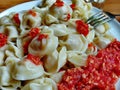 Siberian pelmeni and horseradish sauce, garlic and tomato.