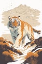 Siberian Tiger, amur stands in Mountain valley in winter. Large stones, dry grass covered with snow.