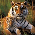 Siberian Tiger and cub, Panthera tigris altaica