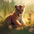 Siberian Tiger in the meadow at sunset, digital painting Royalty Free Stock Photo