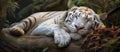 A Siberian tiger napping on a log in the woods, a big cat in the Felidae family Royalty Free Stock Photo