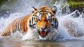 Siberian tiger, Panthera tigris altaica, low angle photo direct face view, running in the water directly at camera with water