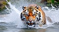 Siberian tiger, Panthera tigris altaica, low angle photo direct face view, running in the water directly at camera with water