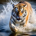 Siberian Tiger (Panthera tigris altaica) - Low Angle Photo, Direct Face View, Running in the Water