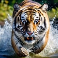 Siberian Tiger (Panthera tigris altaica) - Low Angle Photo, Direct Face View, Running in the Water