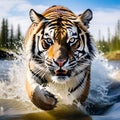 Siberian Tiger (Panthera tigris altaica) - Low Angle Photo, Direct Face View, Running in the Water