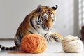 Siberian tiger playing with ball of wool yarn toy. Generative AI Royalty Free Stock Photo