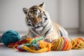 Siberian tiger playing with ball of wool yarn toy. Royalty Free Stock Photo