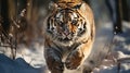Siberian Tiger running in snoww. Action wildlife scene with dangerous animal. winter. generative ai Royalty Free Stock Photo