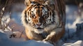 Siberian Tiger running in snoww. Action wildlife scene with dangerous animal. winter. generative ai Royalty Free Stock Photo