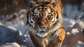 Siberian Tiger running in snoww. Action wildlife scene with dangerous animal. winter. generative ai Royalty Free Stock Photo