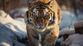 Siberian Tiger running in snoww. Action wildlife scene with dangerous animal. winter. generative ai Royalty Free Stock Photo