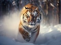 Siberian tiger in snow fall. Amur tiger running in the snow. Tiger in wild winter nature Royalty Free Stock Photo