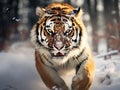 Siberian tiger in snow fall. Amur tiger running in the snow. Tiger in wild winter nature Royalty Free Stock Photo