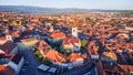 Sibiu, Romania. Aerial sunrise view of oldtown, Lesser Square Royalty Free Stock Photo