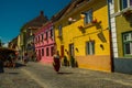 SIBIU, ROMANIA: Beautiful street with old traditional houses in the old town