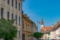 Sibiu, Romania - Beautiful street with Reformed Church on a sunny summer day in Sibiu, Romania