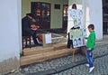 Street artist painting portraits in Sibiu`s Little Square.