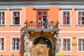 Sibiu, Romania - House with Caryatides - Beautiful house with identical statues and a balcony on a sunny summer day in Sibiu, Royalty Free Stock Photo