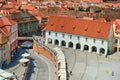 Aerial view of Arts House - Butchers Guild Hall Casa Artelor and Liers Bridge in Sibiu, Romania, on a sunny day. Tourism concept