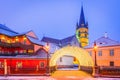 Sibiu, Romania. Liars Bridge and Evangelical Cathedral winter night Royalty Free Stock Photo