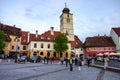 The Sf. Treime Holy Trinity Roman Catholic Church view from Piata Mare street, Sibiu, Romania Royalty Free Stock Photo