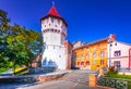 Sibiu, Romania. Carpenters Tower, historical Saxon city of Transylvania Royalty Free Stock Photo