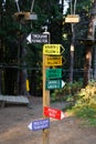 Sibiu, Romania - October, 8 2022: Route signpost in adventure Arka Park Paltinis. Extreme rope park with ziplines