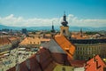 SIBIU, ROMANIA: Sibiu`s council tower in the small swuare on a sunny summer day with a blue sky in Sibiu