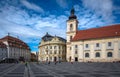 Sibiu, Romania - September 16 2022: Large Square (Piata Mare) with the City Hall and Brukenthal palace in Royalty Free Stock Photo