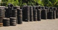 Used tire stacks in Workshop vulcanization yard