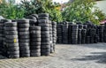 Used tire stacks in Workshop vulcanization yard