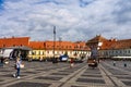 Sibiu, Romania - 2019. Tourist wondering in the panoramic The Big Square Piata Mare of Sibiu looking and the City hall Royalty Free Stock Photo