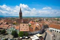 Sibiu skyline, Transylvania, Romania. Panoramic view of the Small Square (Piata Mica) with the old Catholic Cathedral and Royalty Free Stock Photo