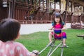 Sibling girl were having fun playing seesaw in the green lawn. Happy kid sweet smiles. Children 4-5 years old. In summer or spring