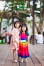 Sibling stand to take pictures together. Sisters paint cartoons on their faces on Easter. Children have fun in outdoor playground