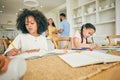 Siblings, homework or children students in house writing or drawing in kindergarten school notebook. Girls, family or Royalty Free Stock Photo