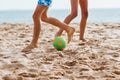 Siblings playing on beach with ball, playing football. Concept of family beach summer vacation with kids. Royalty Free Stock Photo