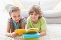 Siblings reading book while lying on rug